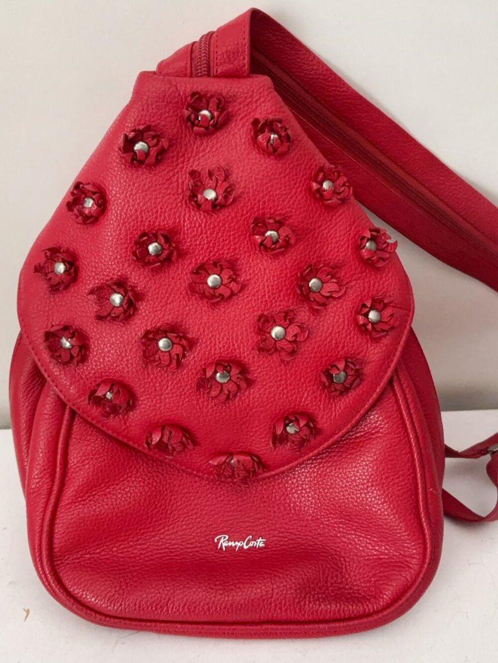 Renzo Costa Sling Backpack Red Pebbled Floral Leather Convertible Backpack